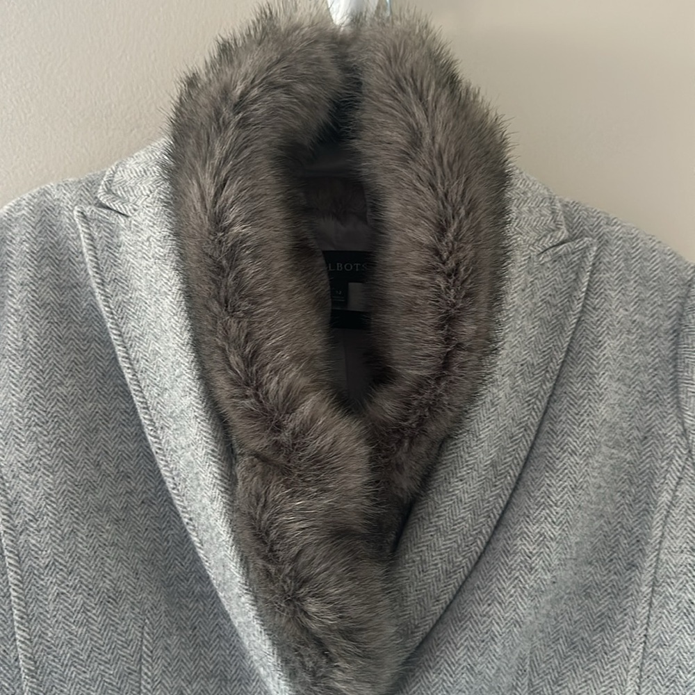 Talbots Women’s Shetland Blazer Jacket Light Gray Removable Faux Fur Trim Sz 12 - Picture 5 of 14